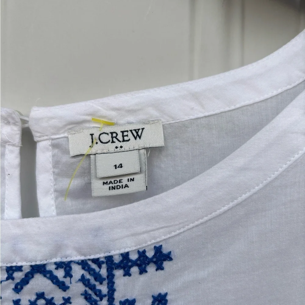 J. Crew White Top with Blue Embroidered Front